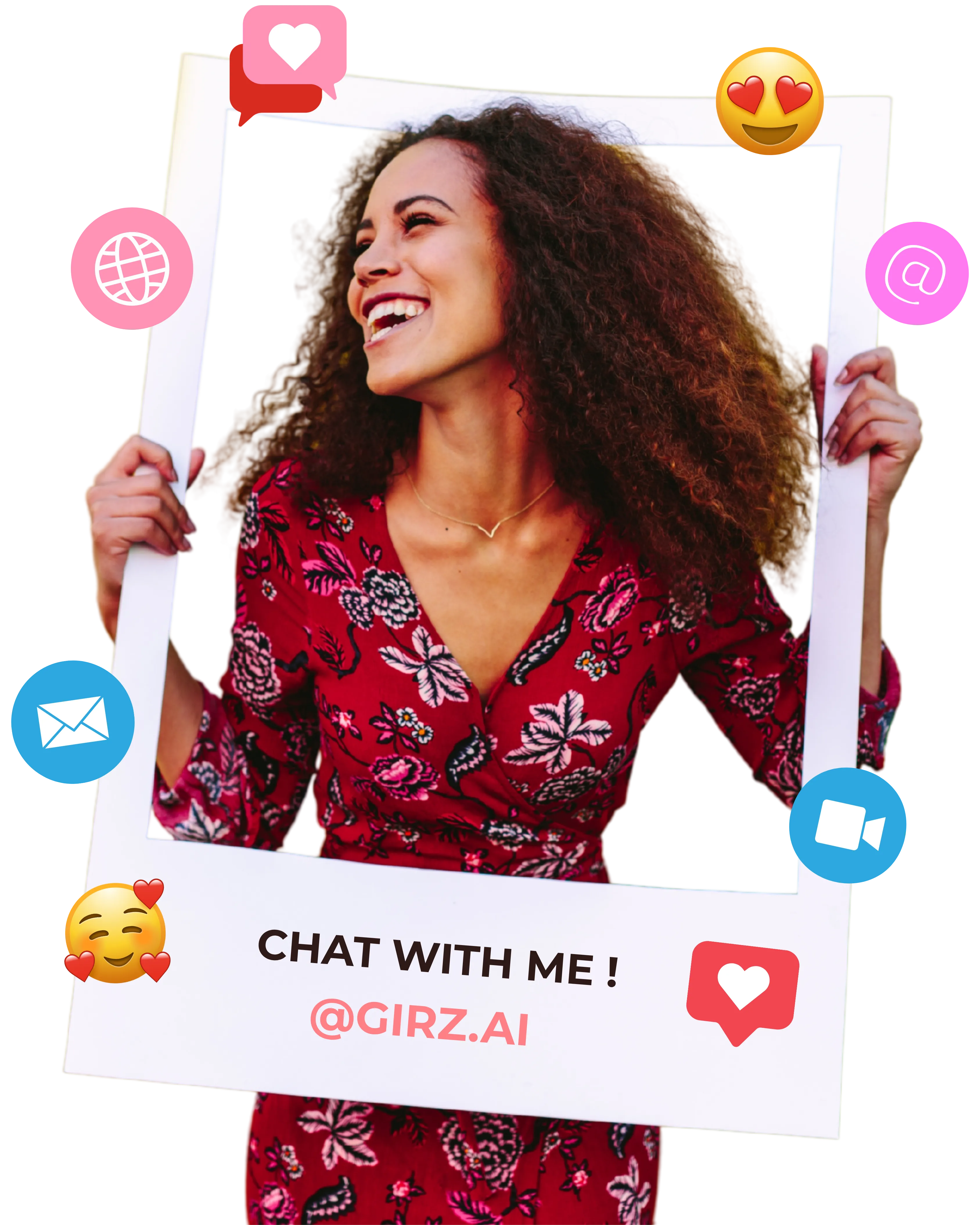 A happy creator holding a 'Chat with me @Girz.ai' sign to promote fan engagement with her AI-powered chatbot.
